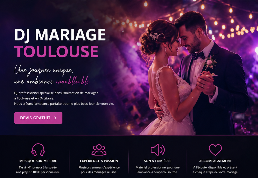 Chaque mariage est unique, c’est pourquoi nous prenons le temps de vous connaître pour créer une ambiance qui vous ressemble. Émotion, élégance, fête et bonne humeur garanties !